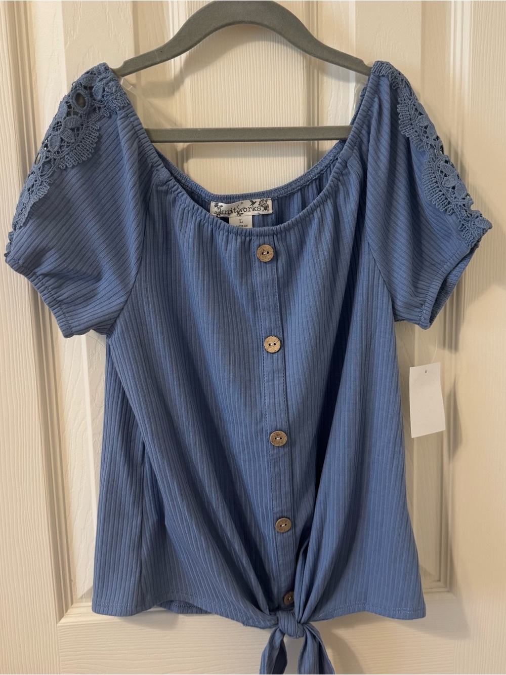 Knitworks Blue Button-Front Tie Hem Top with Crochet Sleeves